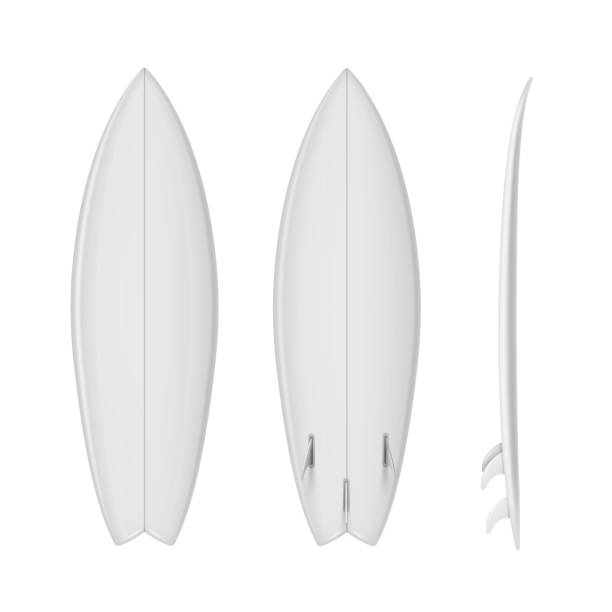 illustrazioni stock, clip art, cartoni animati e icone di tendenza di surfboard vuoto realistico mockups set. vista frontale, posteriore, laterale. navigazione su modelli di tavola stretti. - surfboard