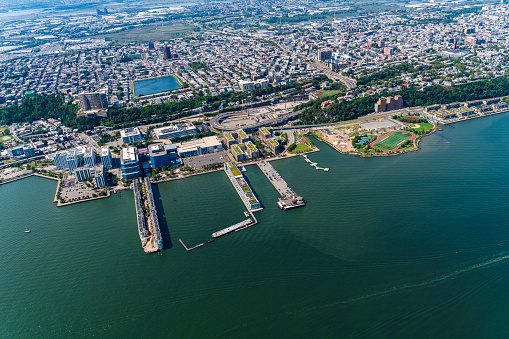 Aerial view of Weehawken, New Jersey from a helicopter on a sunny summer day.