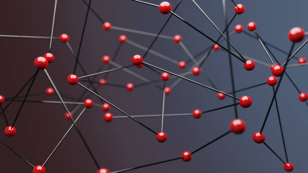 istock Red spheres on blue background, concept of network 1305015713