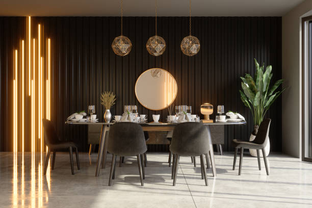 Luxurious Dining Room Interior With Dining Table, Decorative Objects, Pendant Lights And Potted Plant. Luxurious Dining Room Interior With Dining Table, Decorative Objects, Pendant Lights And Potted Plant. dining room stock pictures, royalty-free photos & images