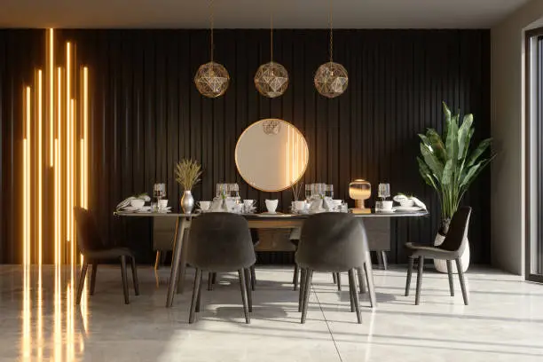 Luxurious Dining Room Interior With Dining Table, Decorative Objects, Pendant Lights And Potted Plant.
