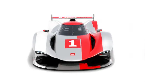 fast sports car for motorsports, lemans prototype isolated on white background. Car of my own design, legal to use.Photorealistic render. Livery design and text is generic.