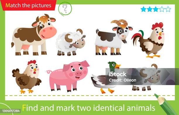 Find And Mark Two Identical Animals Puzzle For Kids Matching Game Education  Game For Children Color