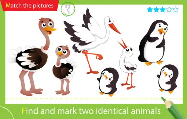Vector illustration of Find and mark two identical animals. Puzzle for kids. Matching game, education game for children. Color images of animals and birds with their young. Stork, ostrich, penguin. Worksheet for preschoolers