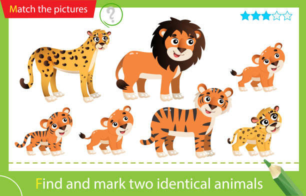istock Find and mark two identical animals. Puzzle for kids. Matching game, education game for children. Color images of wild animals with cubs. Lion, Tiger, Cheetah. Worksheet for preschoolers 1305017310