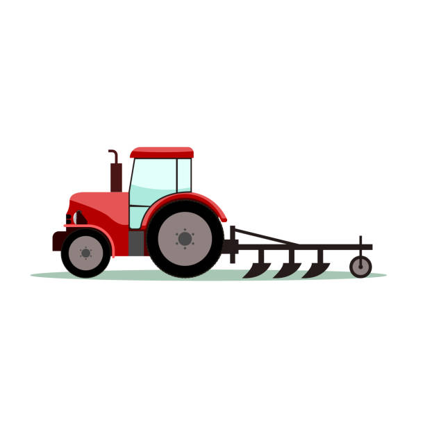 ilustraciones, imágenes clip art, dibujos animados e iconos de stock de tractor con arado. ilustración vectorial de color plano y sólido. - tillage