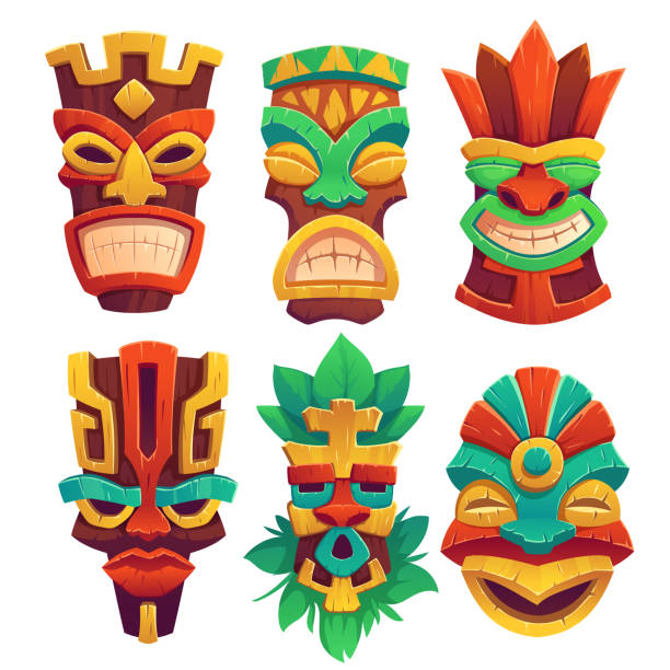 Tiki masks, tribal wooden totems in hawaiian style Tiki masks, tribal wooden totems, hawaiian or polynesian style attributes, scary faces with toothy mouth, decorated with leaves isolated on white background. Cartoon vector illustration, icons set totem pole face stock illustrations