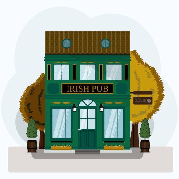 Irish pub exterior vector illustration. Flat design of facade. Beer house building concept. Emerald two-story restaurant in the European style. Illustration of a city street. Irish pub exterior vector illustration. Flat design of facade. Beer house building concept. Emerald two-story restaurant in the European style. Illustration of a city street. St. Patrick s Day. pub stock illustrations