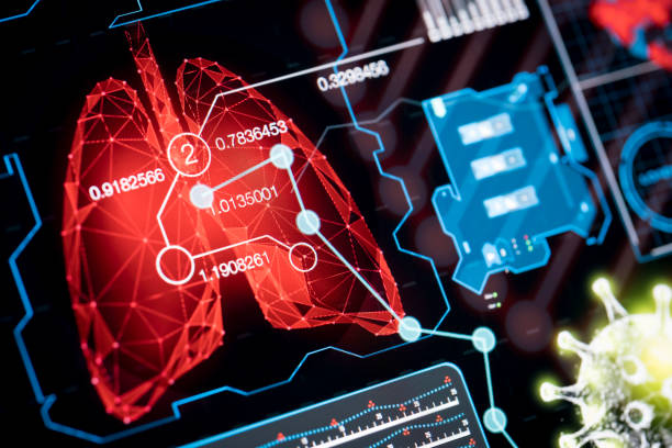 data coronavirus di layar techno. - teknologi kesehatan potret stok, foto, & gambar bebas royalti