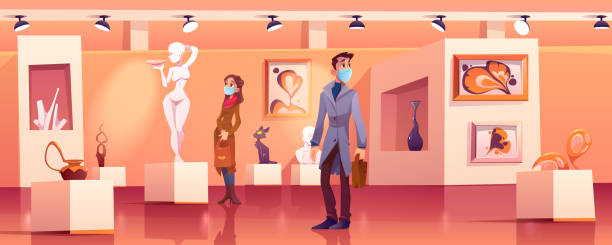 istock Visitors wear medic masks in museum with artworks 1305026502