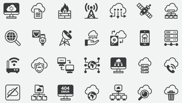 ilustraciones, imágenes clip art, dibujos animados e iconos de stock de iconos del concepto de red de computación en la nube - exchanging connection symbol computer icon