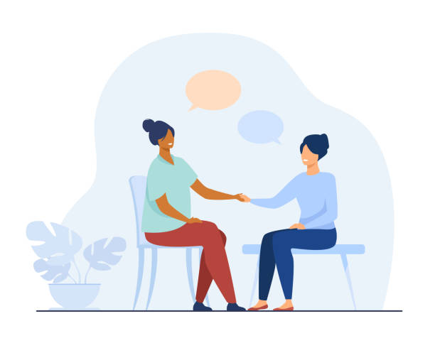 Two female friends talking and holding hands Two female friends talking and holding hands. Chat, speech bubble, chair flat vector illustration. Communication and friendship concept for banner, website design or landing web page two women stock illustrations