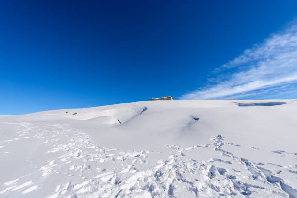 雪と冬のレッシニア高原の古い酪農場 - ヴェネトイタリア - snow horizon winter shed ストックフォトと画像