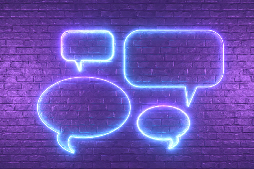 3d rendering of Neon Lighting Glowing Speech Bubble on Black Brick Wall.
