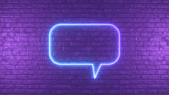 3d rendering of Neon Lighting Glowing Speech Bubble on Black Brick Wall.