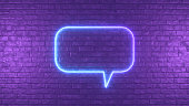 Neon Lighting Glowing Speech Bubble on Black Brick Wall