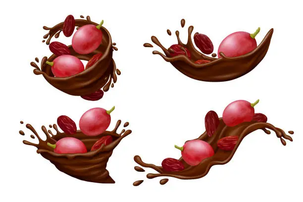 Vector illustration of Pink grapes with red raisins in chocolate splashes on white background