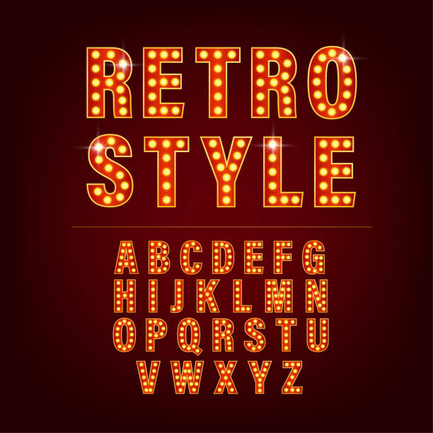 Retro alphabet with retro letter light on golden background. Number font. Vector 3d. Creative vector font. Retro alphabet with retro letter light on golden background. Number font. Vector 3d. Creative vector font entertainment tent stock illustrations