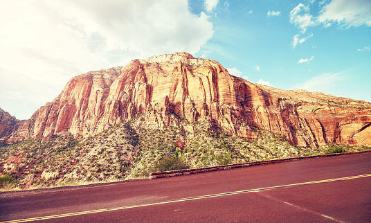 Scenic drive in Zion National Park, color toning applied, Utah, USA.