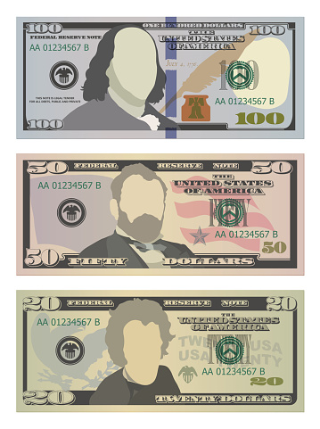 Set of one hundred dollars, fifty dollars and twenty dollar bills in new design. 100, 50 and 20 US dollars banknotes. Vector illustration of USD isolated on white background
