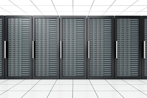 Data server rack cabinets in a row.