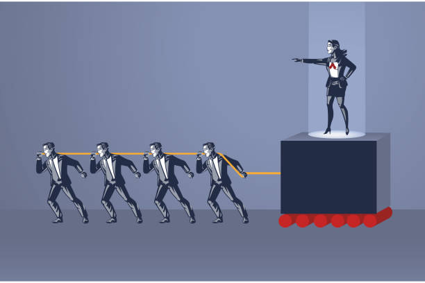 ilustrações de stock, clip art, desenhos animados e ícones de group of people pulls rope to move cruel female boss blue collar illustration concept - business slave