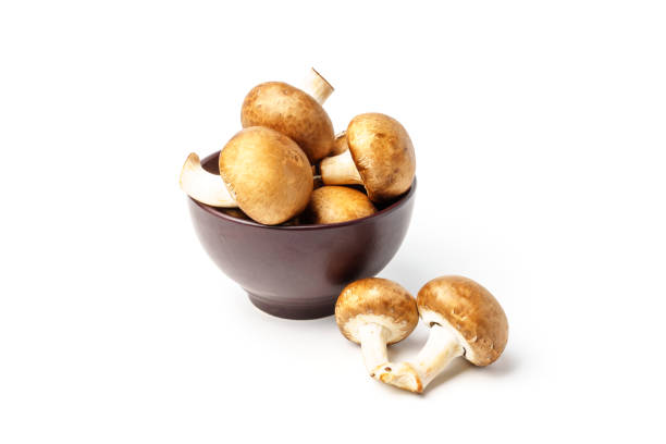 istock Brown plate filled with mushrooms isolated on white 1305044430