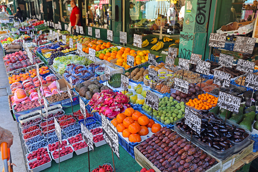 Vienna, Austria - July 11, 2015: Fresh Fruits and Vegetables at Naschmarkt Farmers Market Stall in Wien, Austria.