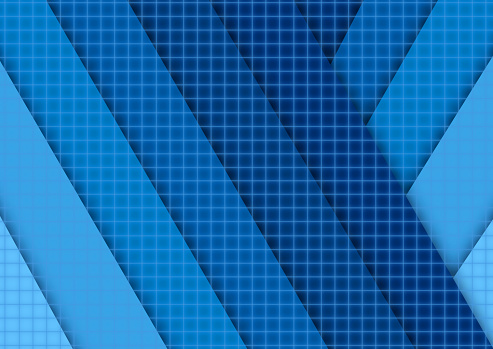 Blue stripe layers with a grid at front, abstract background, digitally generated image.
