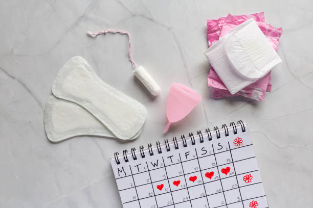menstruationskalender mit sanitärservietten, tampons, menstruationsbecher auf weißem hintergrund. konzept kritischer tage, menstruation - menstruation gesundheitswesen und medizin stock-fotos und bilder