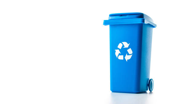 Trash bin. Blue dustbin for recycle paper trash isolated on white background. Container for disposal garbage waste and save environment.