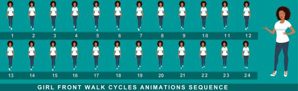 ilustrações de stock, clip art, desenhos animados e ícones de african american girl character front walk cycle animation sequence.  frame by frame animation sprite sheet of african girl walk cycle. - walk cycle