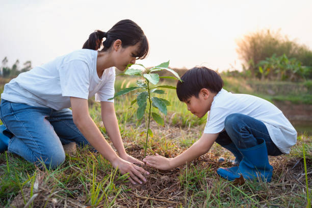 istock children helping planting tree in garden for save world. eco environment concept 1305054842