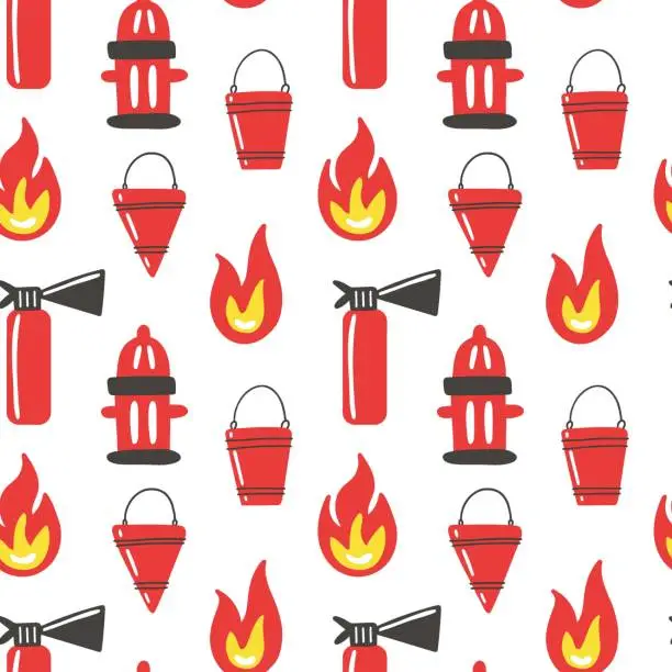 Vector illustration of Firefighter seamless pattern. Fire hydrant and hose. Hand drawn cartoon scandinavian childish doodle collection. Decor textile wrapping paper wallpaper vector print or fabric