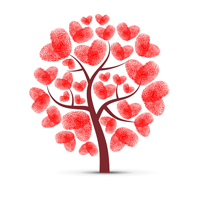 Abstract tree silhouette with red heart fingerprints leaves isolated on white background. Symbol of nature love and self identification in love