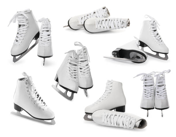 set with ice skates on white background - ice skates imagens e fotografias de stock