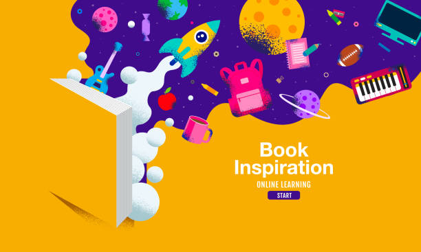 Book inspiration, Back to school, Online Learning, child, kids, social distantcing, flat design, vector illustration. Book inspiration, Back to school, Online Learning, child, kids, social distantcing, flat design, vector illustration. fun school background stock illustrations