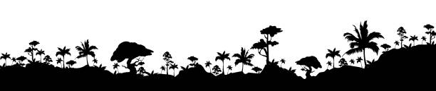 Jungle black silhouette vector illustration. Subtropical rainforest. Hills with trees. Nature and wildlife. Panoramic environment. Tropical monochrome landscape. Exotic woods 2d cartoon shape Jungle black silhouette vector illustration. Subtropical rainforest. Hills with trees. Nature and wildlife. Panoramic environment. Tropical monochrome landscape. Exotic woods 2d cartoon shape amazonia stock illustrations