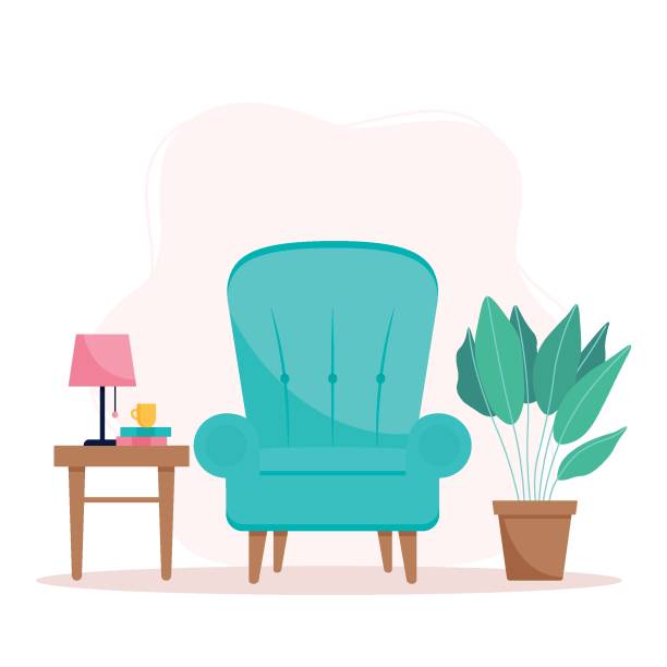 ilustraciones, imágenes clip art, dibujos animados e iconos de stock de interior con sillón, planta de la casa y mesa auxiliar - side table illustrations