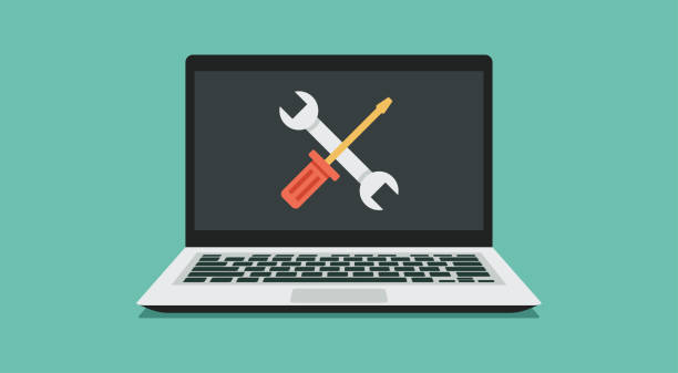 computer repair service, maintenance, and technical support concept computer repair service, maintenance, and technical support concept, laptop with wrench and screwdriver on screen, vector illustration adjusting stock illustrations