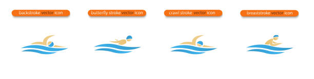 Vector web icons of swimming strokes. Set of Vector symbols depicting butterfly stroke, front crawl stroke, backstroke and breaststroke swimmers. Swimming pool icons. Sports activity in water sign. Isolated in white background. swimming silhouettes stock illustrations