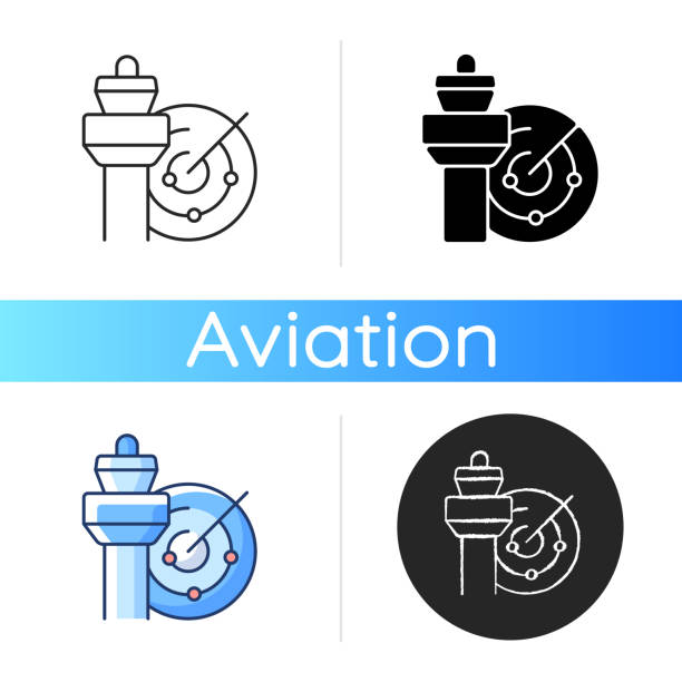 Air traffic control icon Air traffic control icon. Radar and control tower. Civil aviation safety. Air traffic controller profession. Airlines optimization. Linear black and RGB color styles. Isolated vector illustrations atc stock illustrations