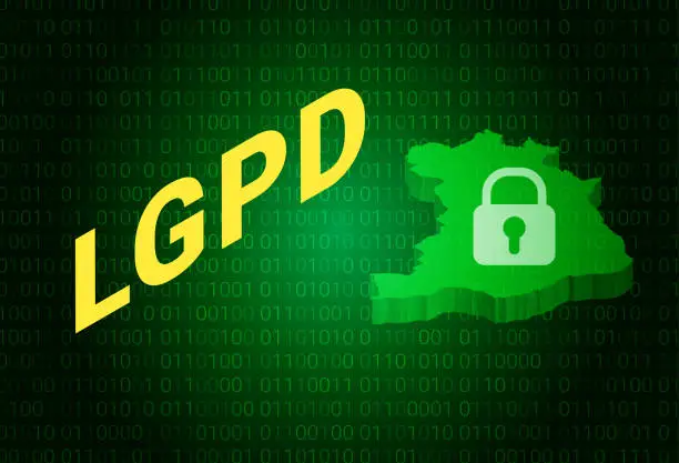 Vector illustration of LGPD - the Lei Geral de Prote o de Dados Pessoais - Portuguese. English - General Personal Data Protection Law. Vector background with lock and map of Brazil