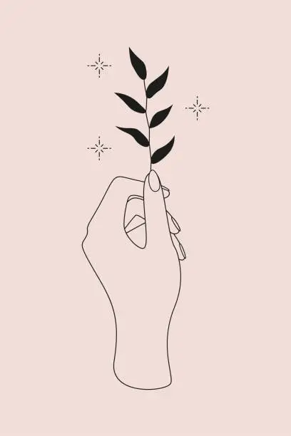 Vector illustration of Mystic logo with magic symbol of hand, plant and stars. Vector illustration for meditation emblem, icon, sticker, printable and temporary tattoo