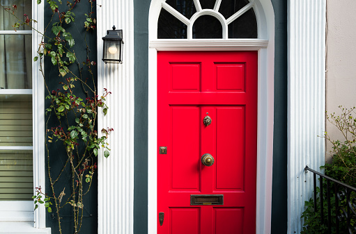 Red door on an old house with a flower pot