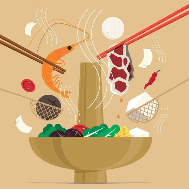 Vector illustration of Graphic illustration of a Chinese hot pot meal