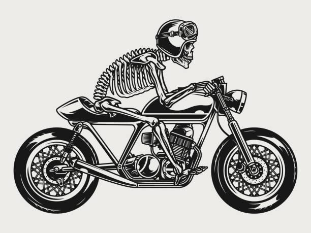 ilustrações de stock, clip art, desenhos animados e ícones de skeleton in helmet and goggles riding motorcycle - motorcycle biker riding motorcycle racing