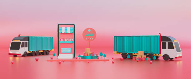 Online delivery smartphone,E-commerce service concept,online order shopping,technology gps pin tracking logistic shipping on mobile,fast transport truck to customer,3d render illustration web banner teléfono inteligente de entrega en línea, concepto de servicio de comercio electrónico, compras de pedidos en línea, tecnología gps pin seguimiento de envío logístico en el móvil, camión de transporte rápido al cliente,3d render ilustración bann