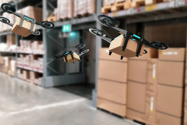 istock Concept industry 4.0 robotic drone artificial Intelligence,autonomous Robot of warehouse logistic,smart automated delivery vehicle,modern storehouse shipping,with robot carrier carrying cardboard box 1305080024