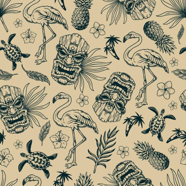 Tropical hawaiian vintage seamless pattern Tropical hawaiian vintage seamless pattern with flamingo birds feathers pineapples turtles wooden tiki masks palm trees exotic leaves and flowers in monochrome style. vector illustration tiki stock illustrations